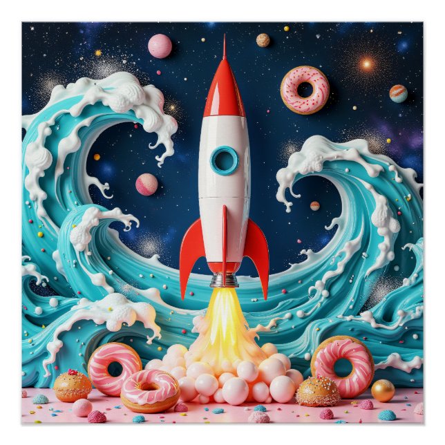 Póster Paseo en cohetes a través de donuts y planetas (Anverso)