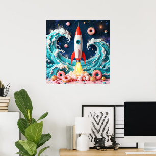 Póster Paseo en cohetes a través de donuts y planetas