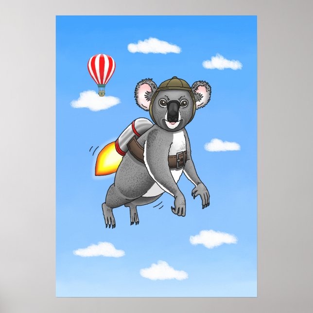 Póster Paseo en mochila propulsora de Koala Cohete (Frente)