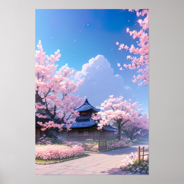 Póster Paseo en primavera, belleza de flores de cerezo (Frente)
