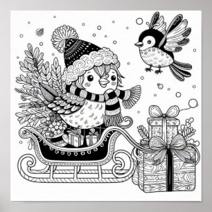 Póster Paseo en Trineo del Encantador Pájaro de Navidad p