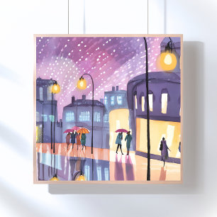 Póster Paseo lluvioso Lofi Luces coloridas de la ciudad