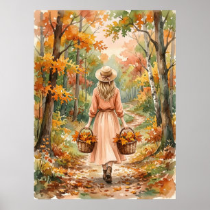 Póster Paseo por el bosque otoñal, mujer, cottagecore nat