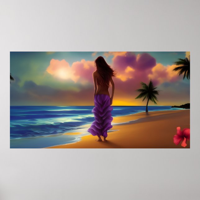 Póster Paseo por la luz de la luna de la playa mujer azul (Frente)