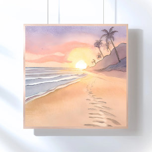 Póster Paseo por la Playa Acuarela del Océano