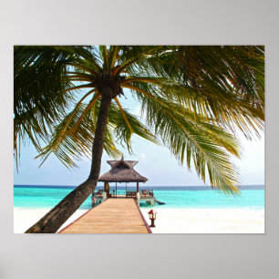 Póster Paseo por la playa, Cabana, Palmeras, Maldivas