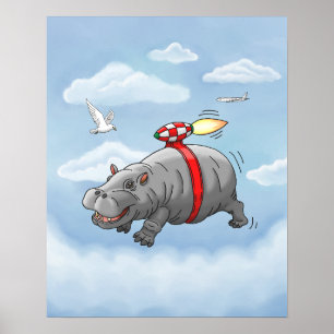 Póster Paseo rápido del hipopótamo en mochila propulsora