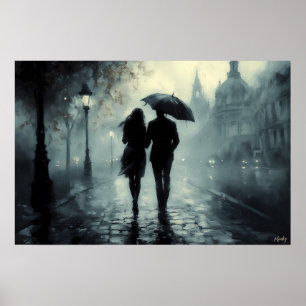 Póster Paseo romántico en una noche brumosa bajo la lluvi