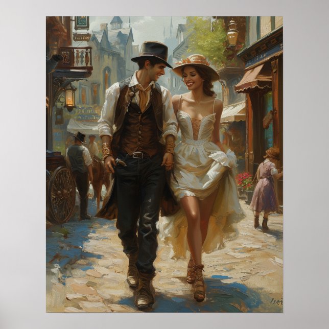 Póster Paseo victoriano - Acuarela de Steampunk Elegance (Frente)