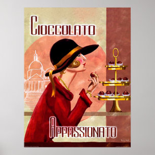 Póster Pasión de mujer por el chocolate, divertido vintag