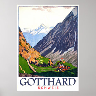 Póster Paso de Gotthard, Suiza, pueblo, vintage