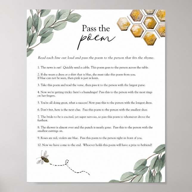 Póster Pass the Poem Bridal Shower Bee & Eucalyptus Game  (Frente)