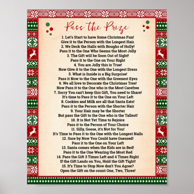 Póster Pass the Prize Poem Game Ugly Sweater Sign (Frente)