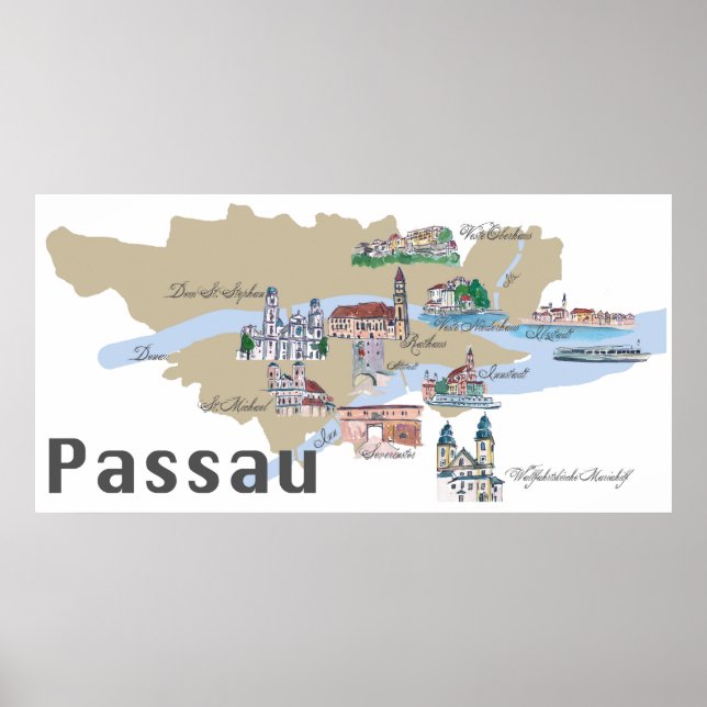 Póster Passau Germany resalta el mapa (Frente)