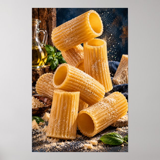 Póster Pasta Rigatoni Dorada con Albahaca Fresca – Rustic (Frente)