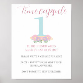 Póster Pastel azul rosa floral Primer cumpleaños Cápsula