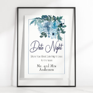 Póster Pastel Blue Elegant Rosas Boda Fecha Rótulo noctur