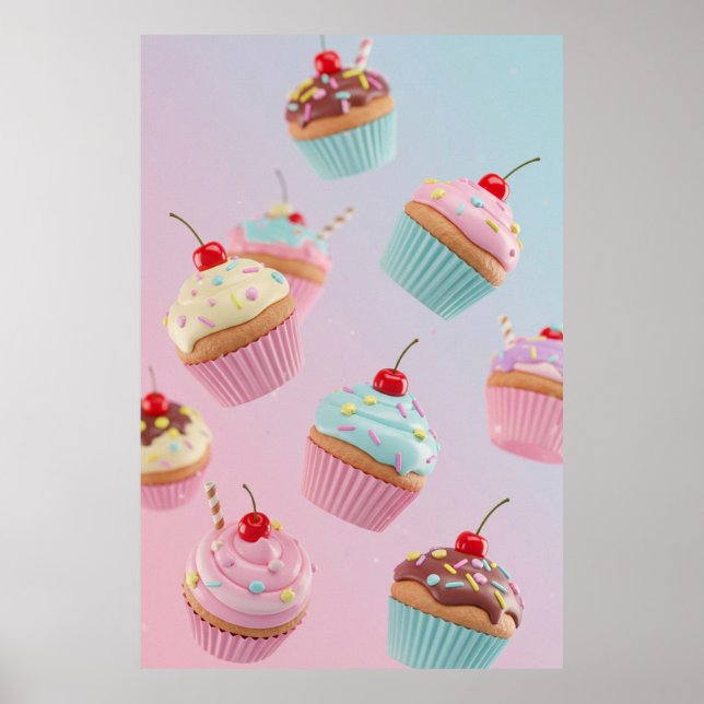 Póster Pastel Cupcake Pattern on Pink (Frente)