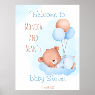 Póster Pastel cute teddy bear with balloons baby shower