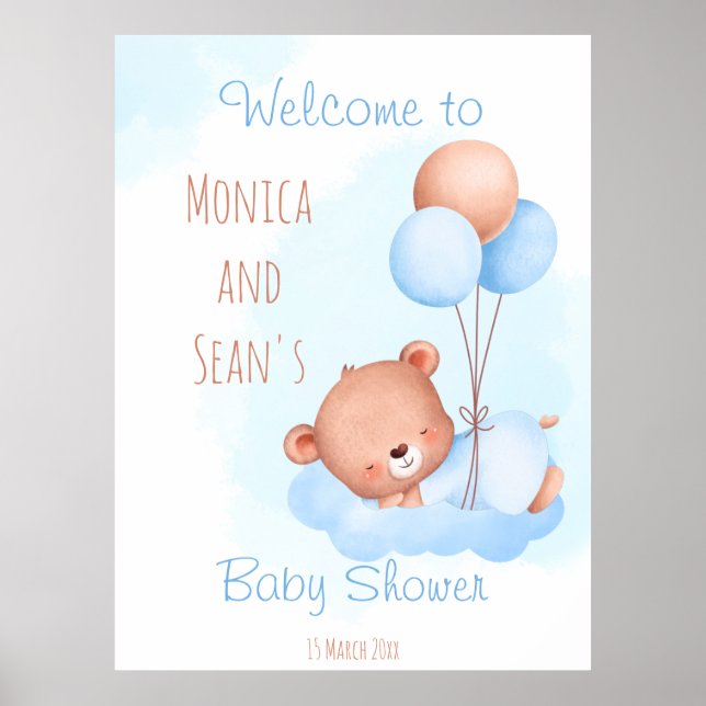 Póster Pastel cute teddy bear with balloons baby shower (Frente)
