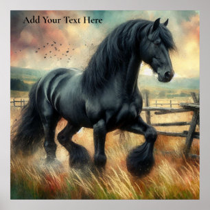 Póster Pastel de Caballo Negro Fresian Valla Rústica