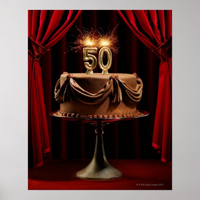 Póster Pastel de cumpleaños en el escenario con 50 velas (Frente)