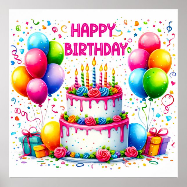 Póster Pastel de cumpleaños feliz (Frente)