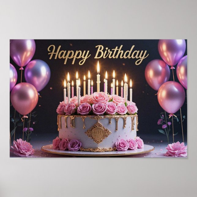 Póster Pastel de cumpleaños rosa de lujo elegante extrava (Frente)
