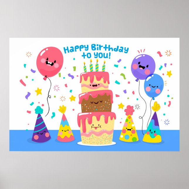 Póster Pastel De Cumpleaños Sonriente Y Globos (Frente)