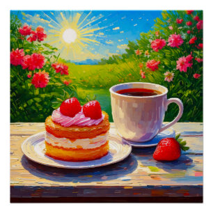 Póster Pastel de fresa y deplante de café