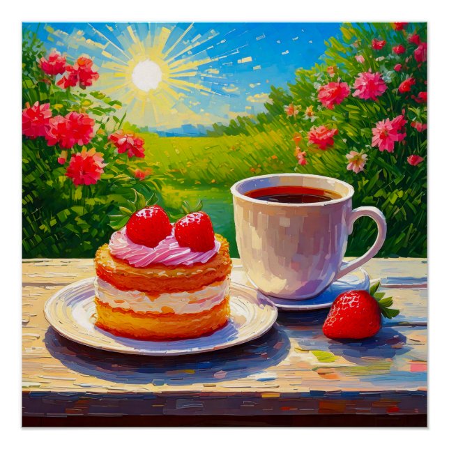 Póster Pastel de fresa y deplante de café (Anverso)