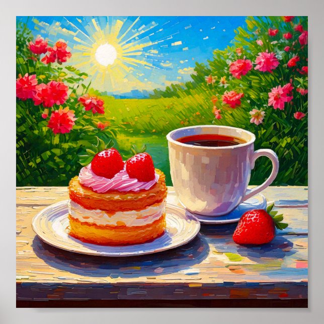 Póster Pastel de fresa y deplante de café (Frente)