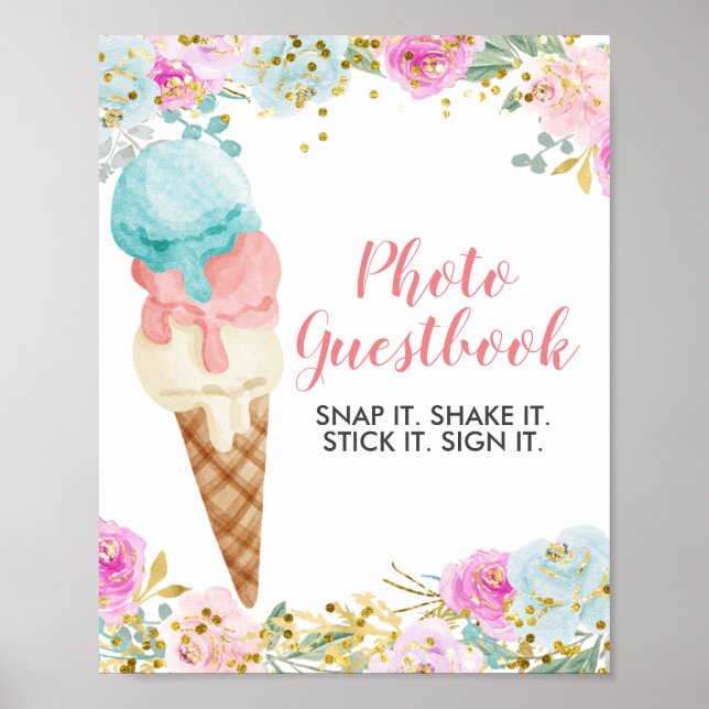 Póster Pastel de helado de helado Floral acuarela Fotogra (Frente)