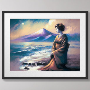 Póster Pastel dibujando Geisha Ocean Fuji