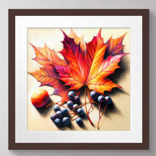 Póster Pastel Dibujando Hojas de Maple Berry Otoño Caída