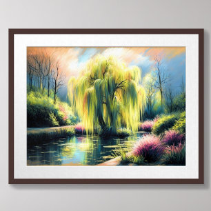 Póster Pastel Dibujando Jardín Estanques Lluvia Árbol Wil