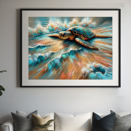 Póster Pastel duro dibujando tortuga marina en la playa