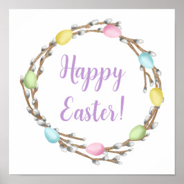 Póster Pastel Eggs Willow Wreath Colorful Happy Easter