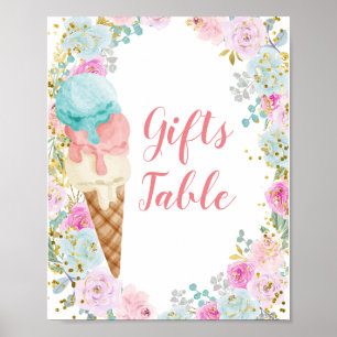 Póster Pastel Helado Regalos Florales Mesa Rótulo