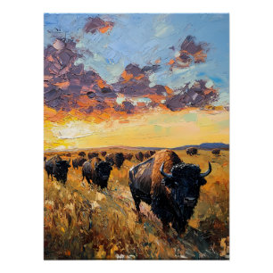 Póster Pastel majestuoso: Búfalo en la pradera