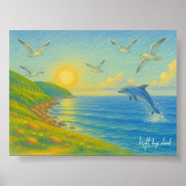 Póster Pastel Ocean Sunset Landscape Painting Dolphin (Frente)