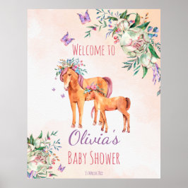 Póster Pastel pink baby horse with mother baby shower