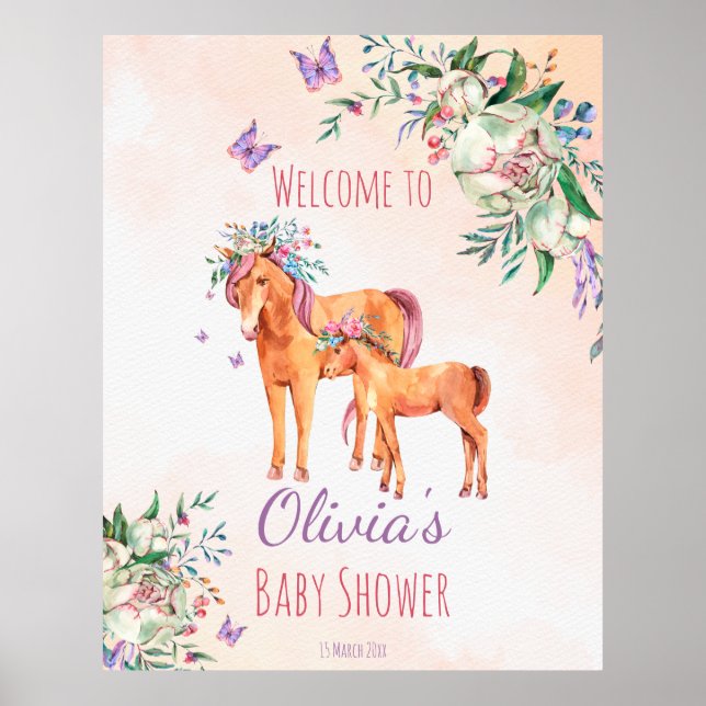 Póster Pastel pink baby horse with mother baby shower  (Frente)