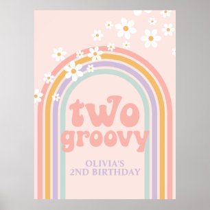 Póster Pastel Rainbow Retro Dos Groovy Segundo Cumpleaños