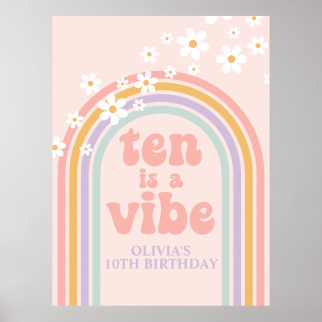 Póster Pastel Rainbow Retro Ten es un Vibe 10 cumpleaños (Frente)