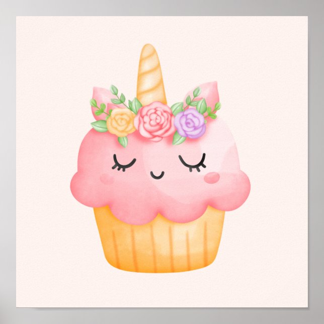 Póster Pastel rosa dulce Unicornio con Rosas (Frente)