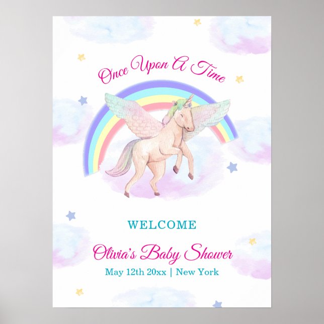 Póster Pastel Unicorn Star Rainbow Baby Shower Welcome (Frente)