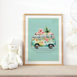 Póster Pastel Watercolor Bus Nursery Poster