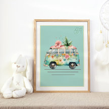Pastel Watercolor Bus Nursery Poster