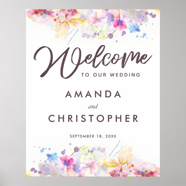 Póster Pastel Watercolor Floral Welcome Boda (Frente)